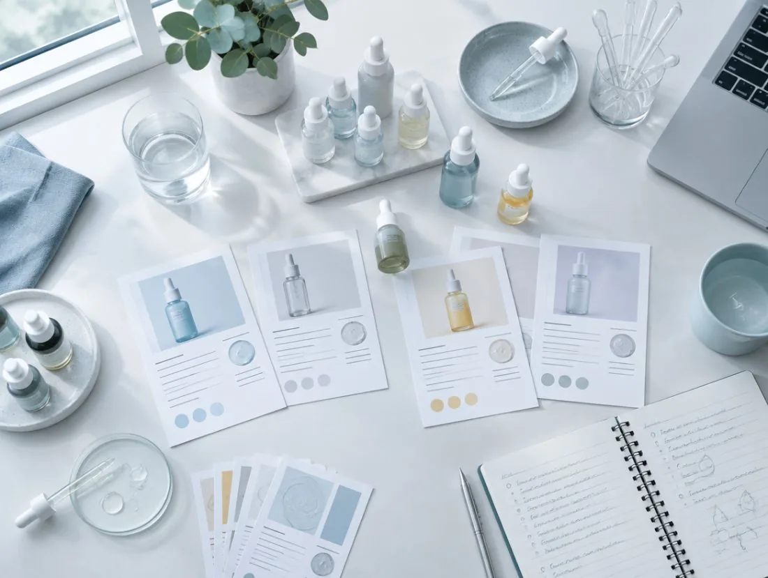 Stanowisko redakcji: próbki serum, pipety i karty produktów